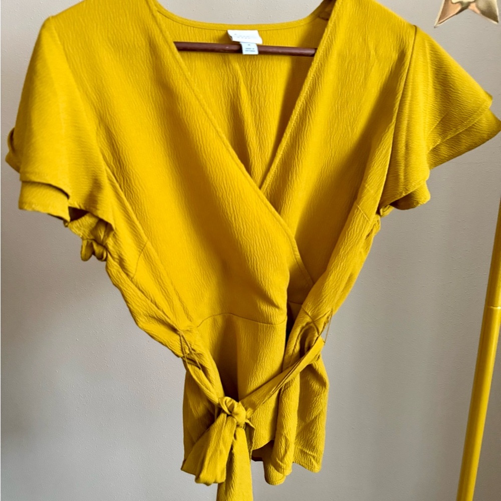 A New Day Mustard Wrap Blouse Medium Tie Waist Flutter Sleeve Top